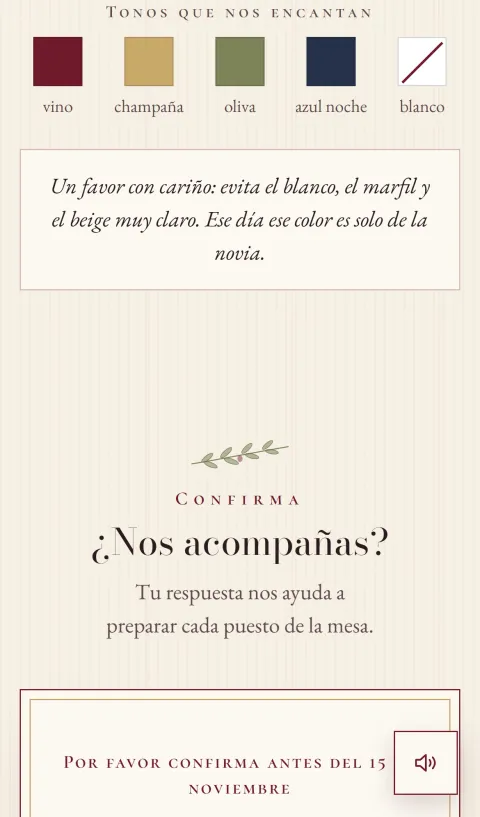 Dress code con paleta de colores y confirmación de asistencia en la invitación de boda