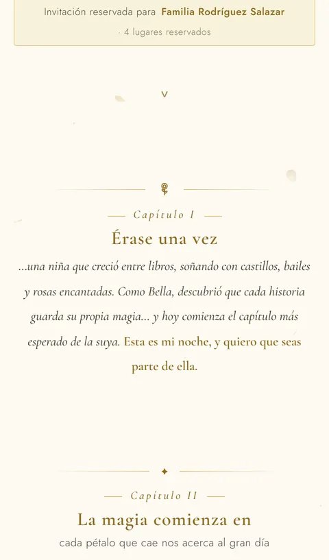 Historia de la quinceañera contada por capítulos dentro de la invitación digital