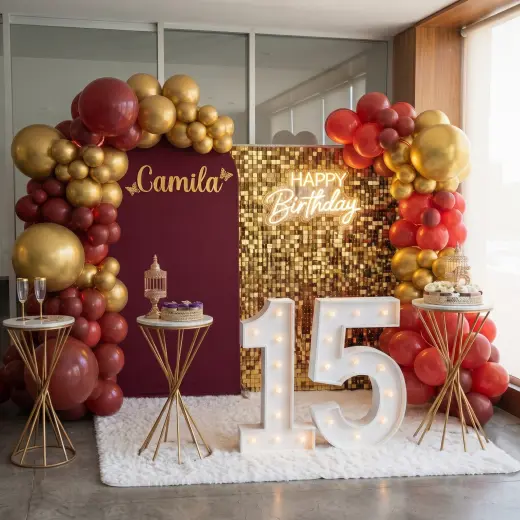 Vino y Oro Quinceañero - Decoración para 15 Años en Bucaramanga
