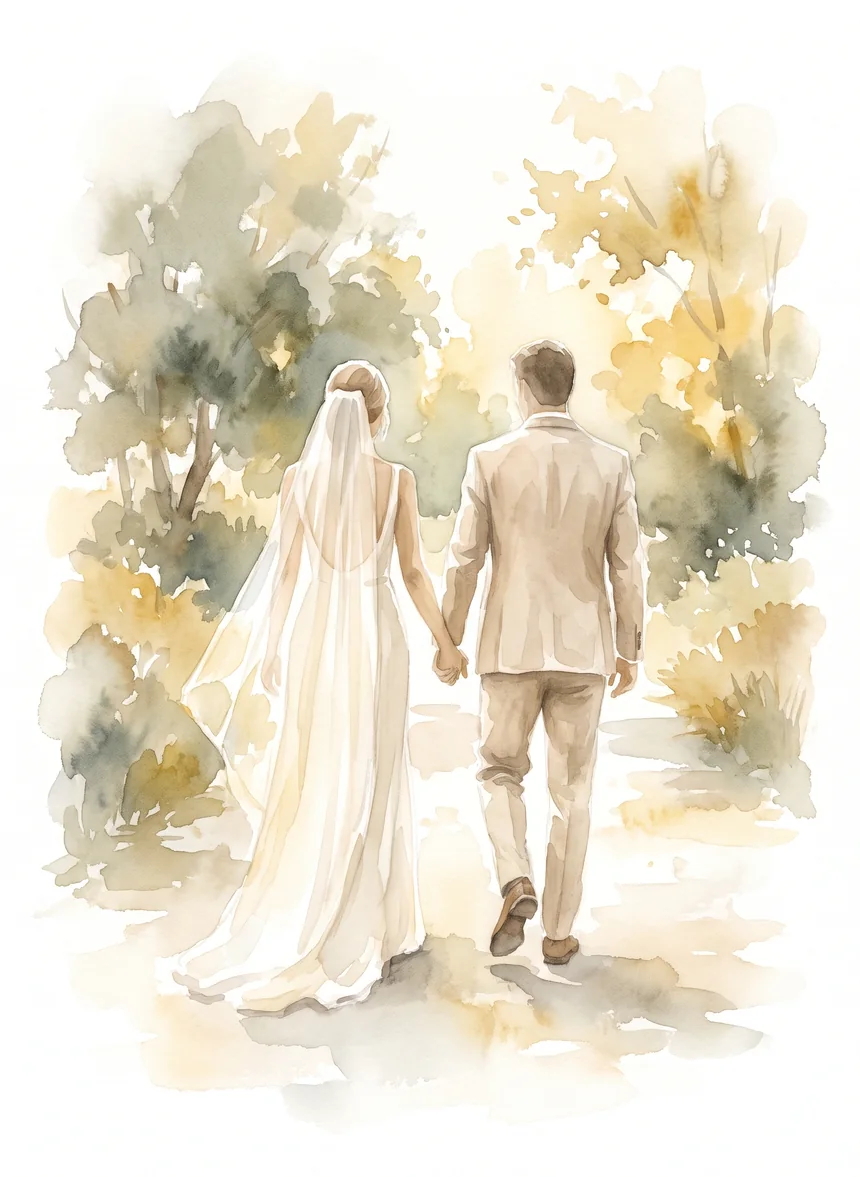 Los novios caminando de la mano, en acuarela