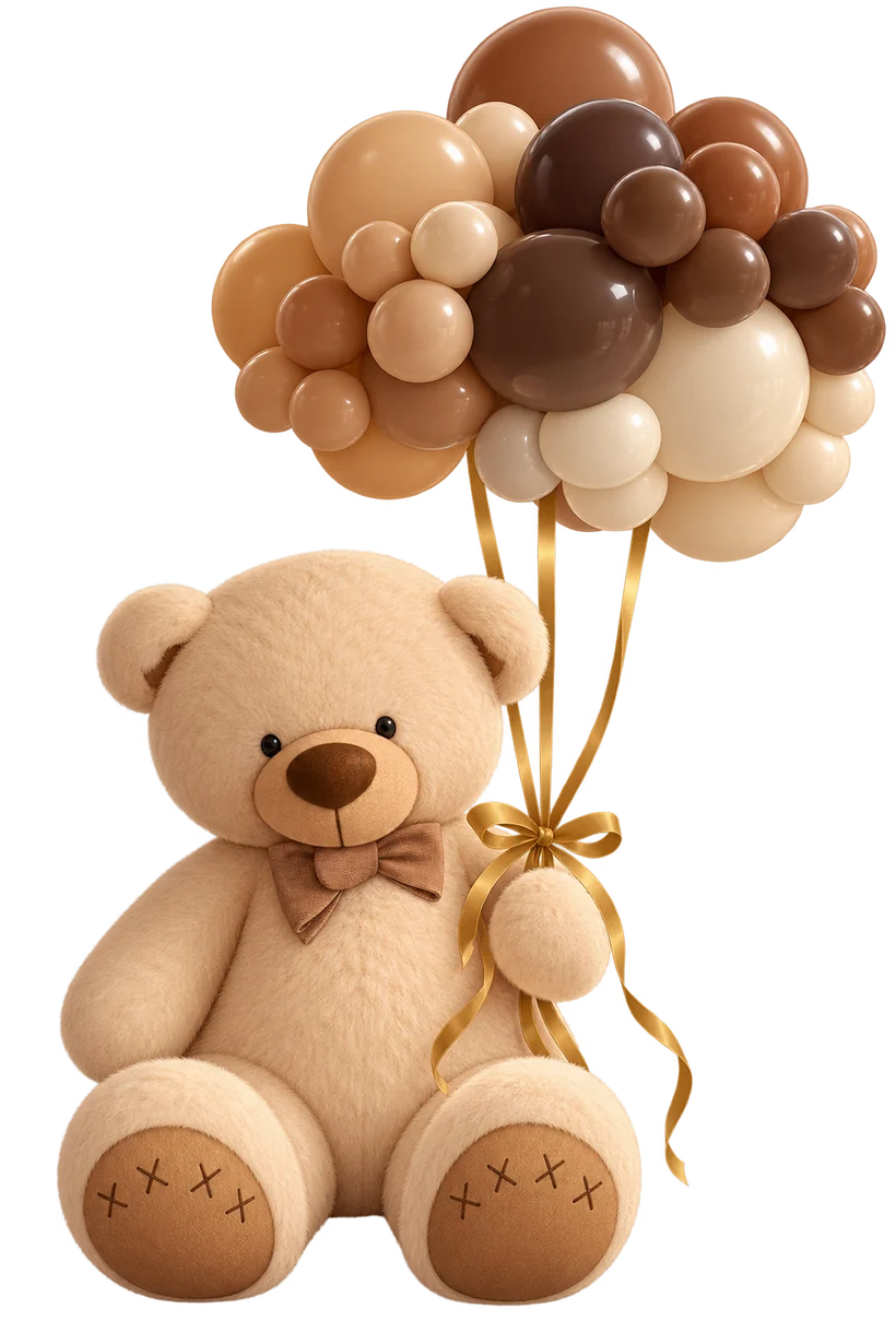 Osito de peluche con una guirnalda de globos en tonos tierra